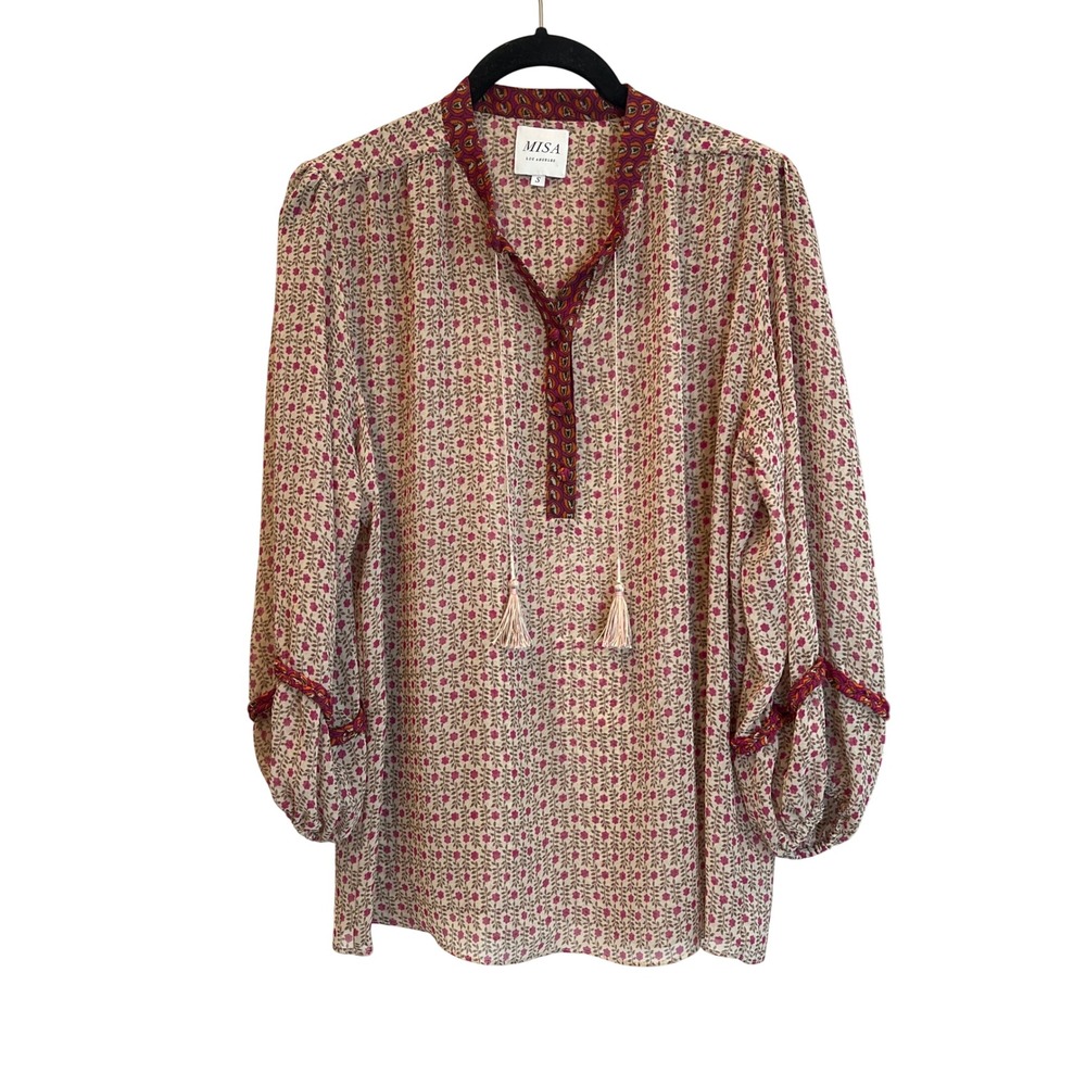 MISA Los Angeles Floral Tassel Boho Blouse Pink Brown Long Sleeve Viscose Small‎